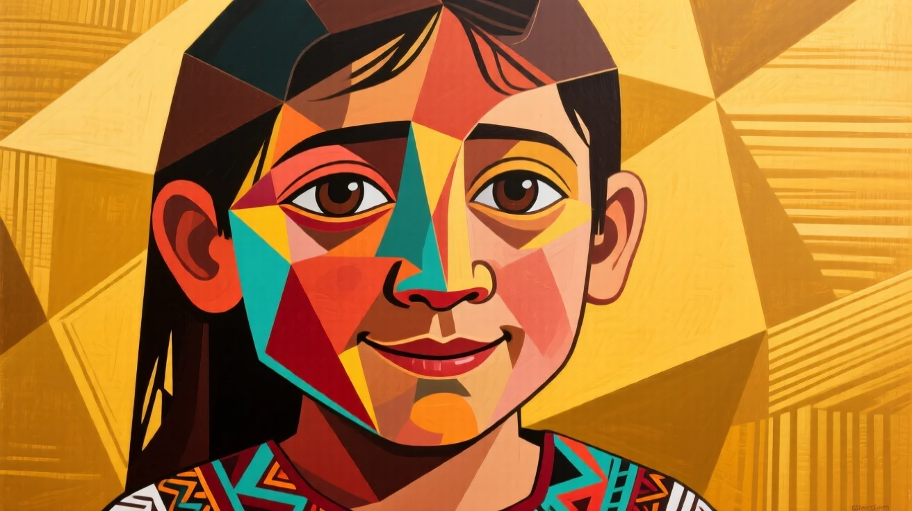 A close-up portrait of a young child of Mexican heritage, smiling shyly, against a warm golden backdrop.