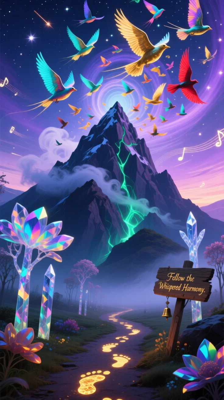 A mountain whose peak dissolves slowly into a flock of birds hums faintly with a low, unseen music, while a trail of glowing footprints marks a path forward.