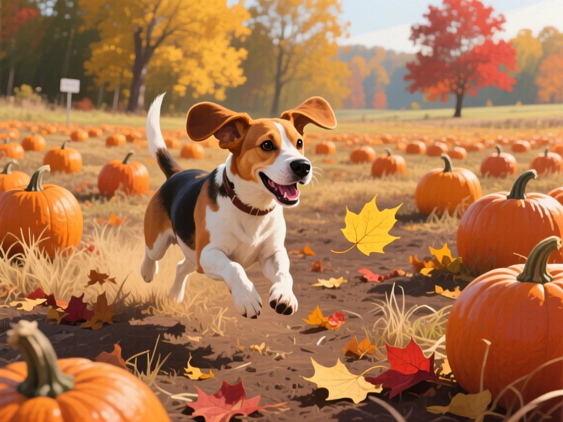 A joyful beagle bounds through a pumpkin patch in autumn, ears flopping as it chases a fallen leaf across the orange-dotted field, the moment captured with a sense of calm intimacy despite the wild setting.