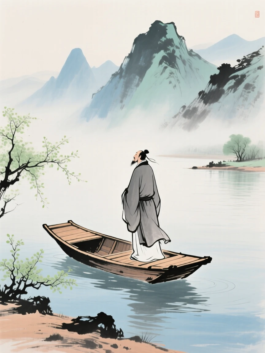 A poet standing at the prow of a small boat gazing at distant peaks, in early spring.