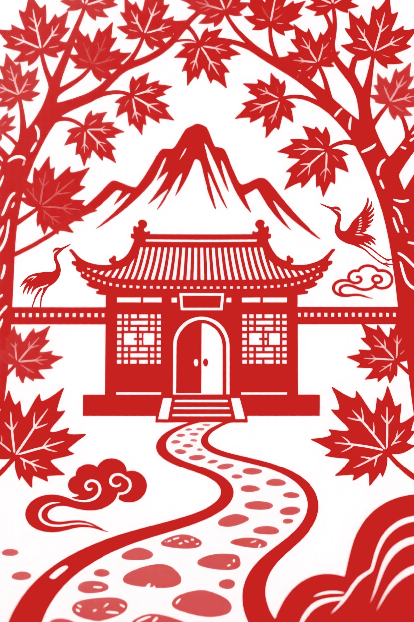 A mountain monastery, beneath a canopy of autumn maple leaves, a winding path leading visitors toward its door.