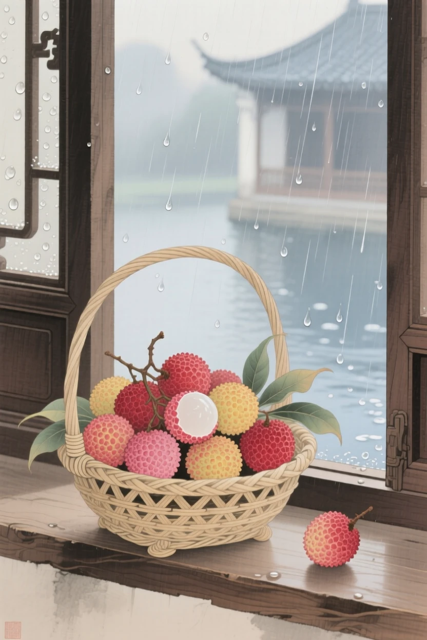 A basket of freshly picked lychees beside an open window with rain falling outside