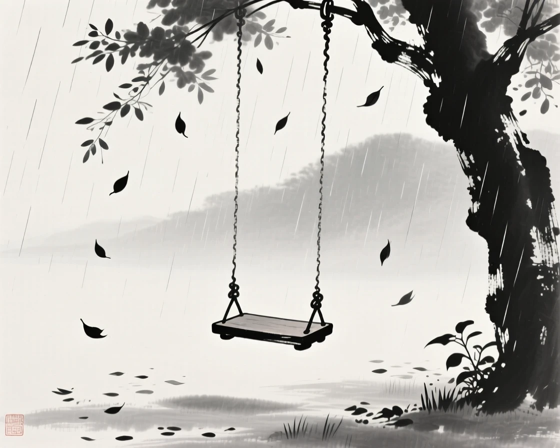 An empty garden swing beneath falling leaves as gentle rain falls in the distance, framed minimally, letting emptiness carry the mood, conveying a poetic sense of calm and reflection.