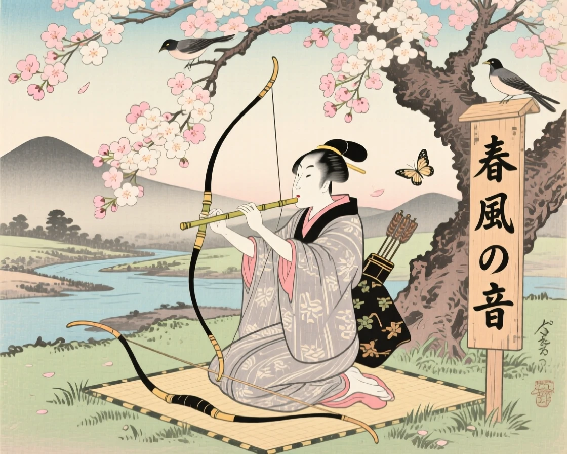 An archer playing beneath a blossoming tree.