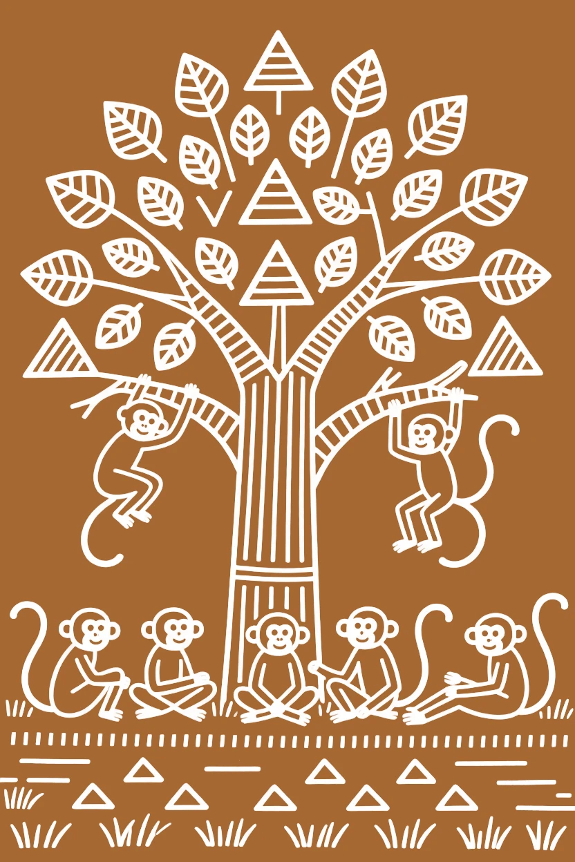 A group of monkeys resting beneath a giant banyan tree.