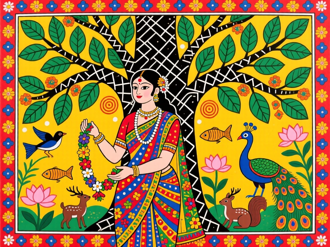 Radha waiting beneath a tree, garland in hand, for Krishna's return.