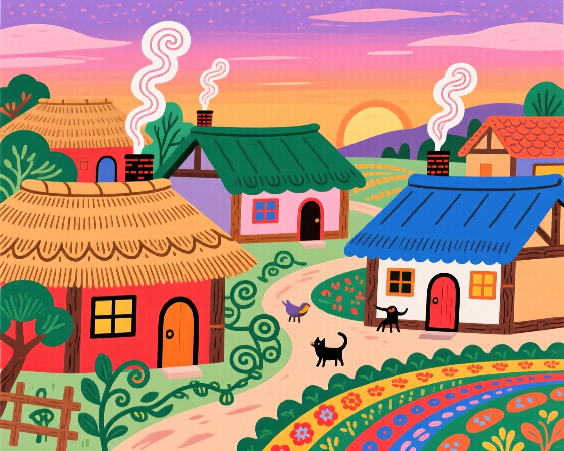 A view of a village of thatched-roof houses, as the last light of day fades over the rooftops.