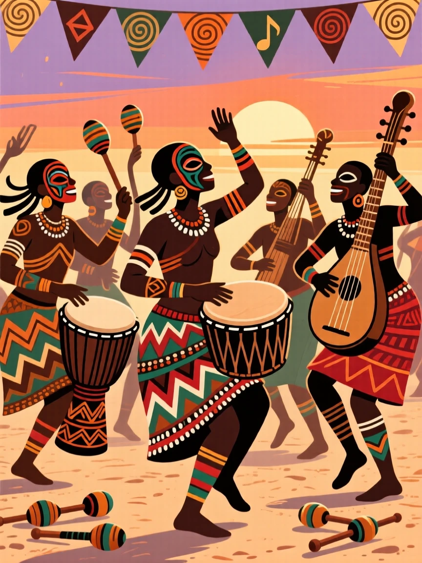 A festival dance troupe playing softly as the sun sets.