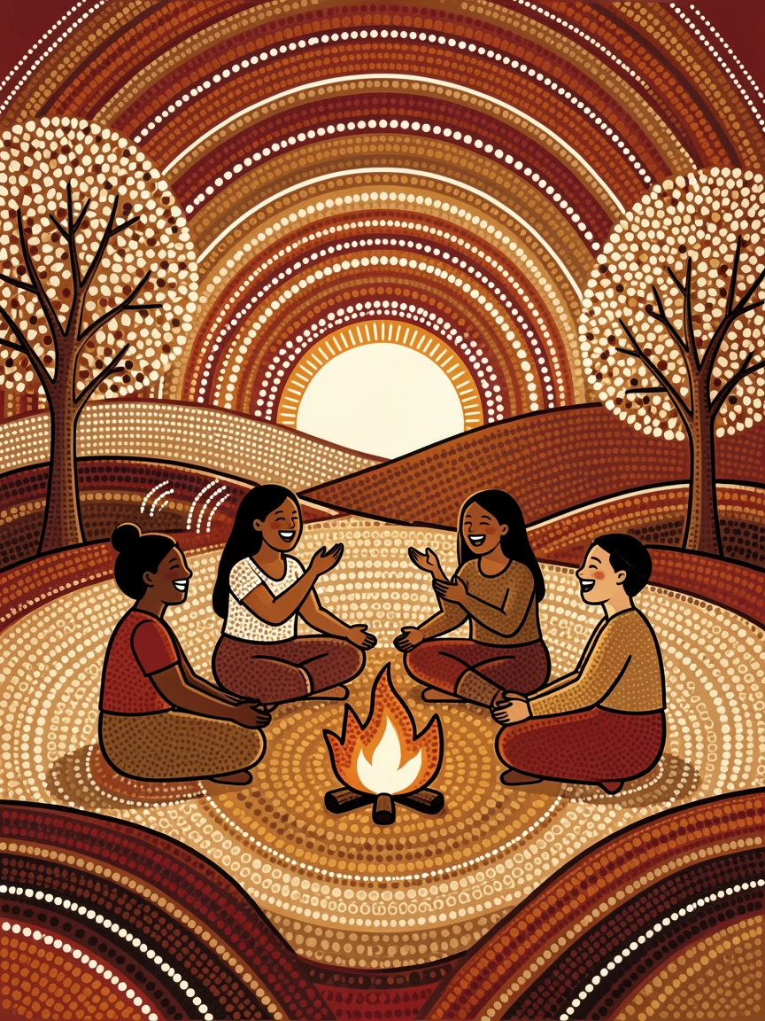 Friends sharing laughter at an outdoor gathering at sunrise