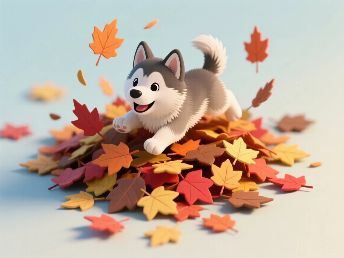 A fluffy husky puppy playing in a pile of autumn leaves, leaves scattering in every direction as it pounces.