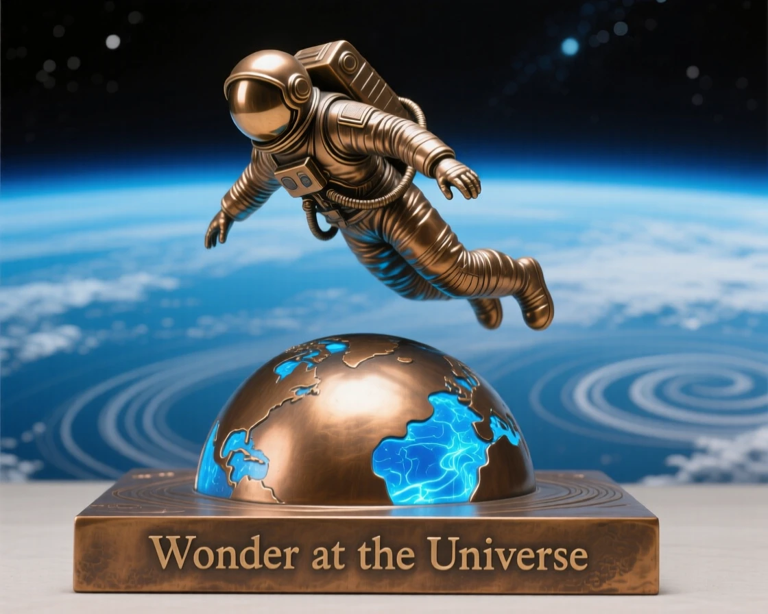 A lone astronaut floating above a glowing blue planet, rendered with vast cosmic scale and radiant color, evoking wonder at the universe