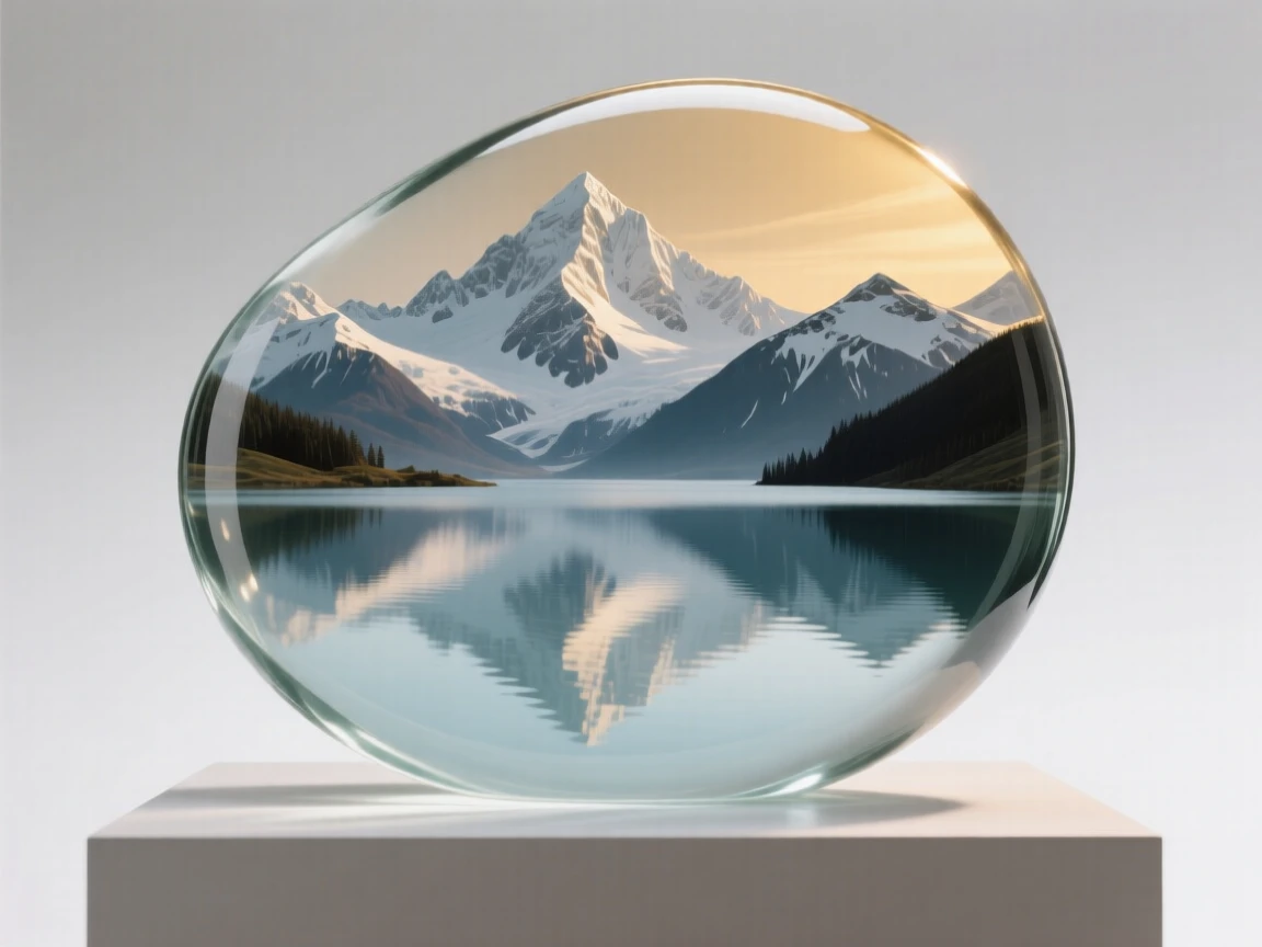 A quiet alpine lake reflecting snow-capped peaks, captured in soft golden light with layers of atmospheric depth, evoking peace and quiet grandeur.