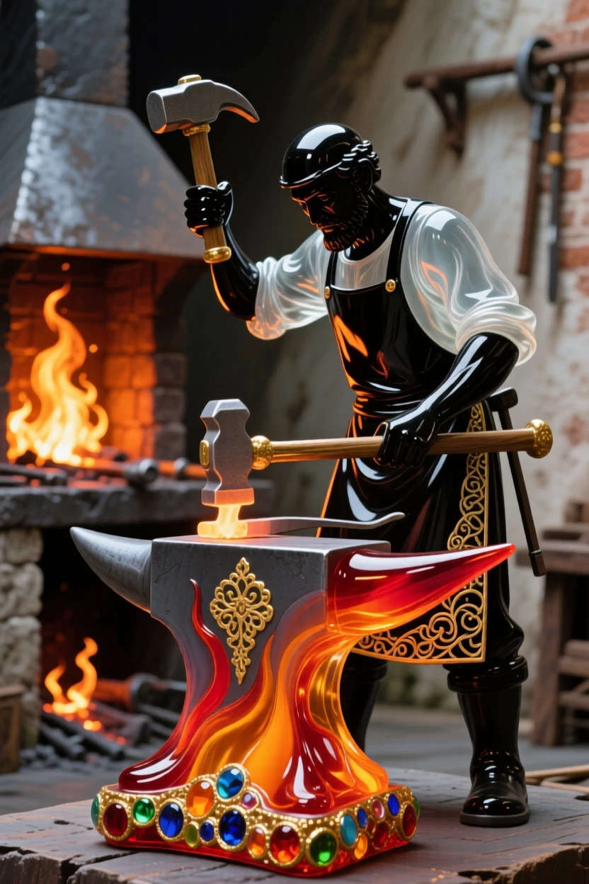 A blacksmith hammering glowing metal in a rustic forge, intense and skillful.