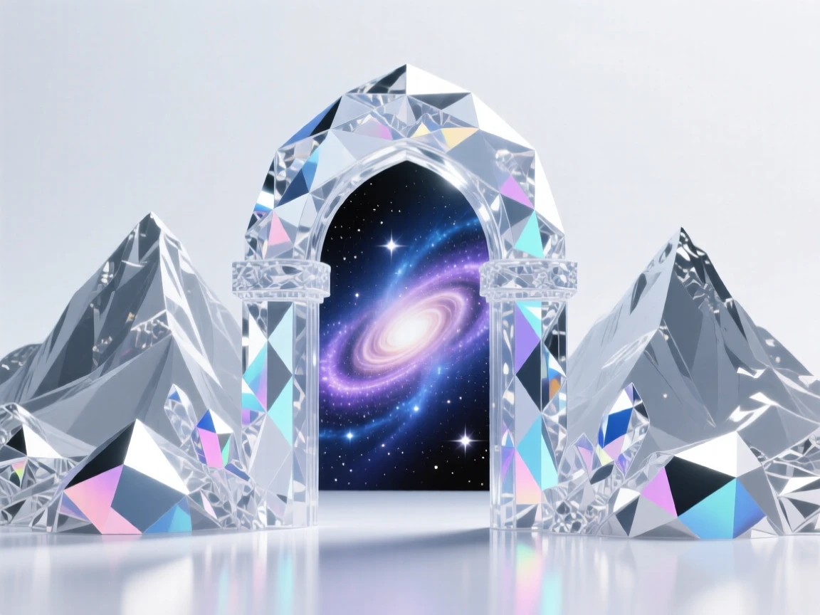 A celestial gate opening between two mountain peaks, revealing a swirling galaxy beyond.