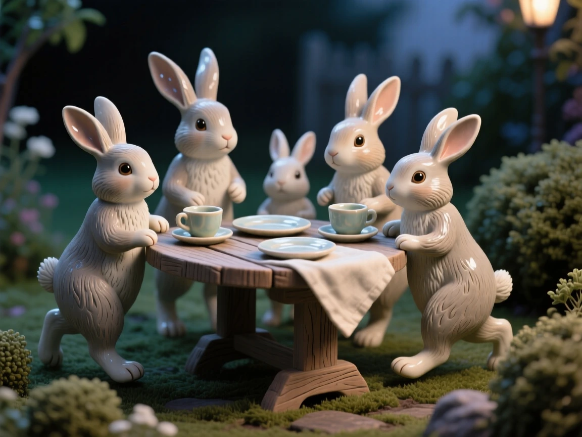 A rabbit family gathered around a garden table caught mid-step on a whimsical journey, bathed in the soft glow of a magical evening, capturing the magic of imaginative make-believe.