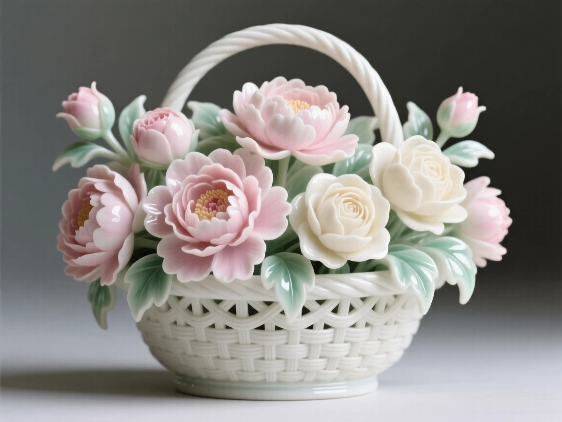 A lush arrangement of peonies and roses in a woven basket, petals unfurling in soft layers.