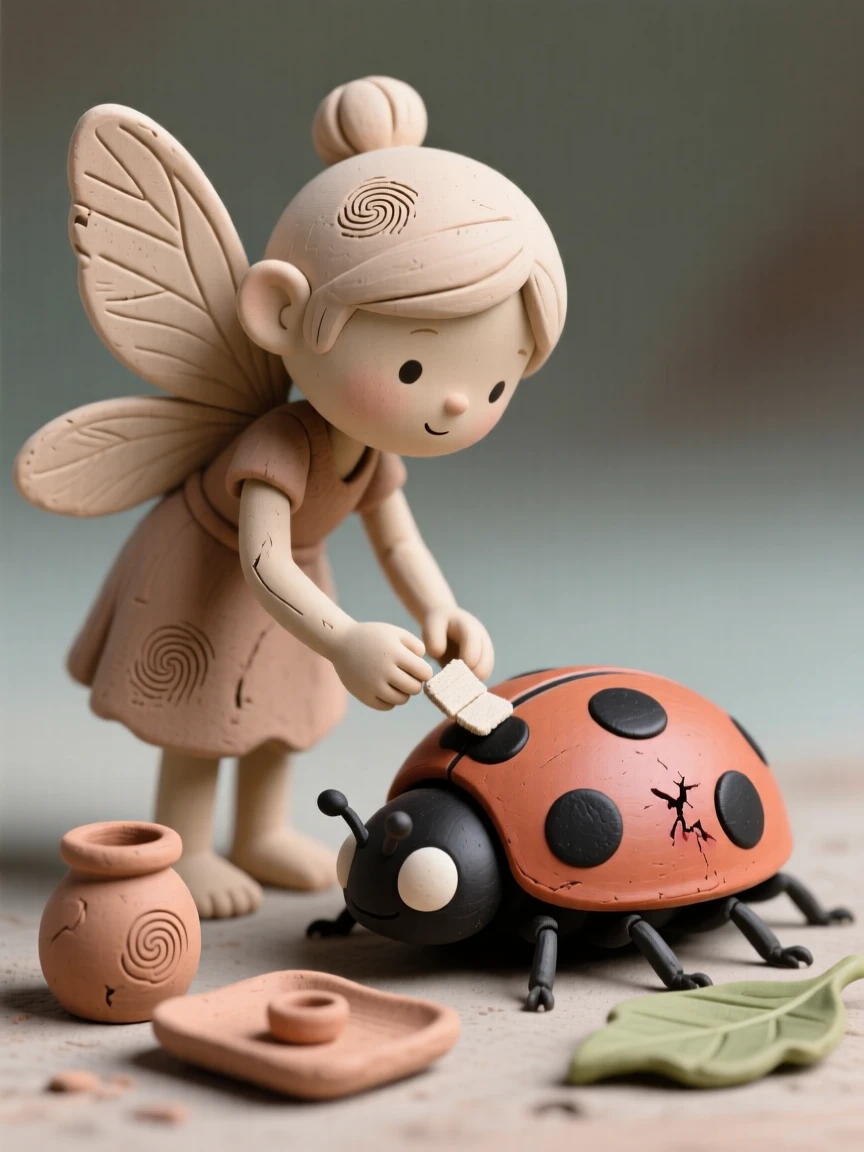 A tiny fairy healer tending to an injured ladybug