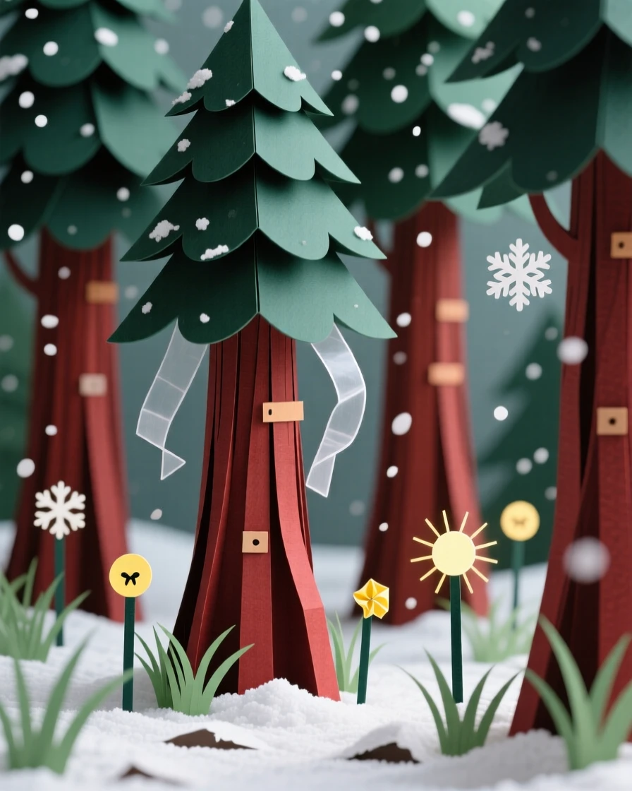 A grove of towering redwood trees during a gentle snowfall, with fireflies glowing softly in the grass, evoking serene, meditative contemplation.