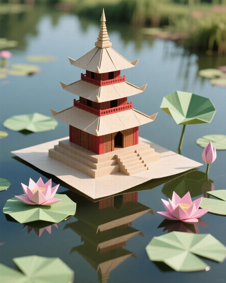 A traditional pagoda reflected in a still lotus pond in rural Myanmar.