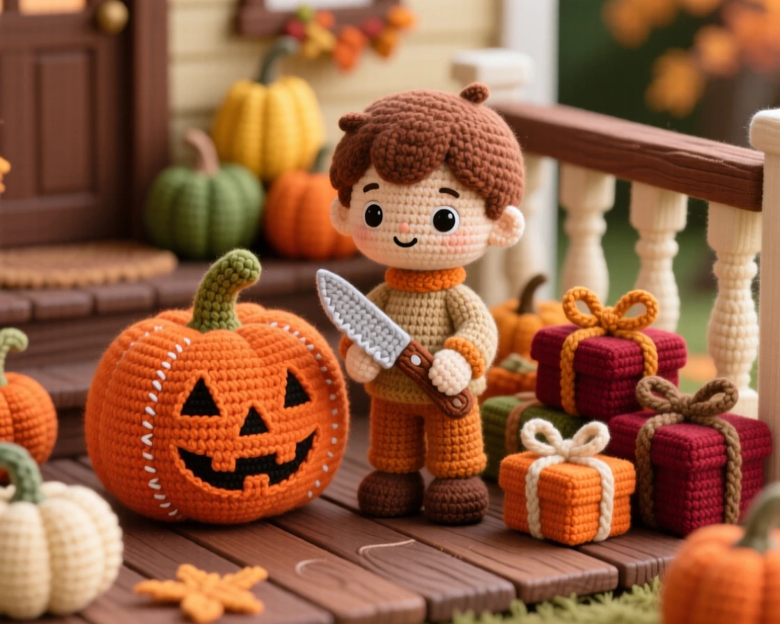 a little boy carving a jack-o-lantern, with a small knife and focused expression, is shown carving a cheerful pumpkin face in a cozy porch decorated with autumn gourds beside a small pile of wrapped presents, capturing the joyful anticipation of a favorite season.