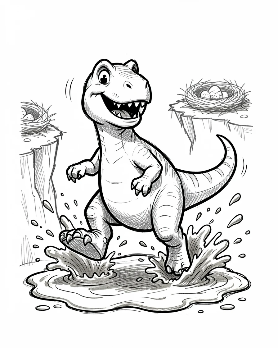 A dinosaur stomping happily through mud beside nesting grounds on a cliff.