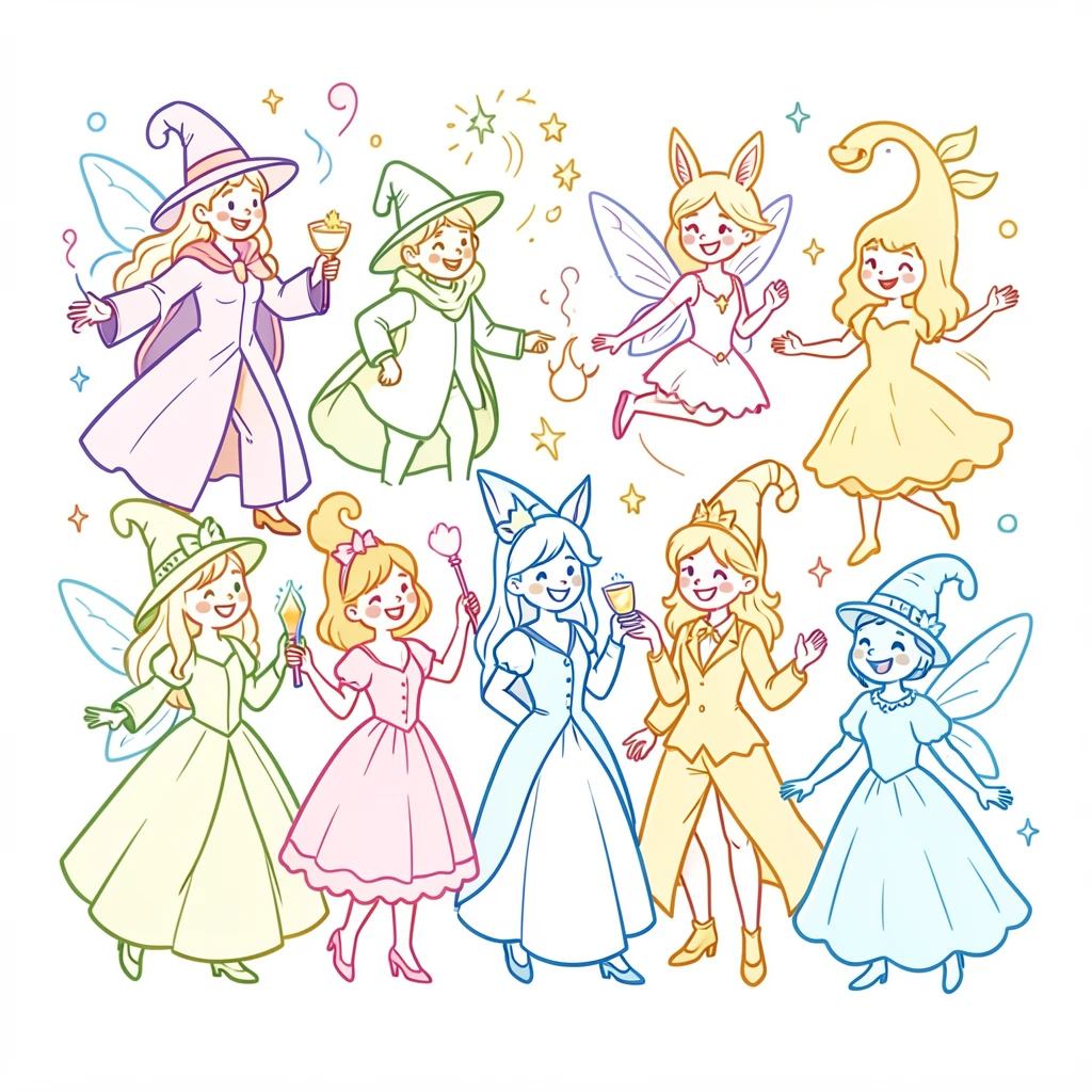 A costume party scene with guests dressed as fantastical characters.