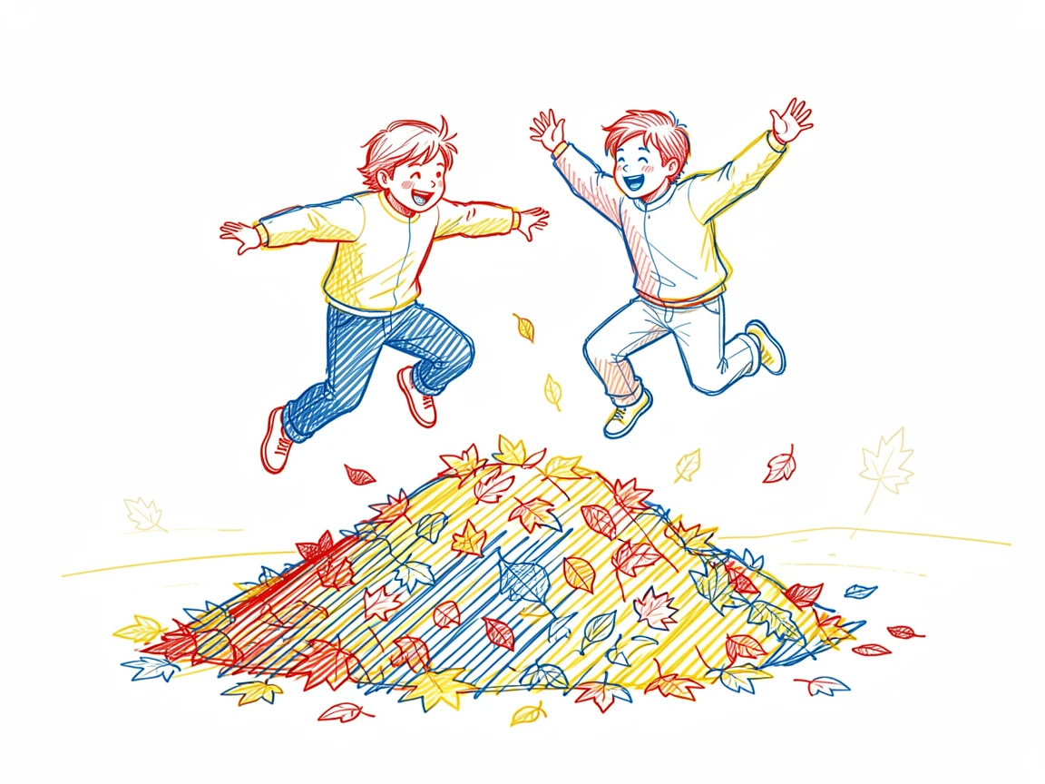 Siblings jumping into a pile of raked autumn leaves