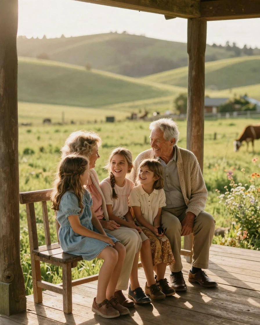 A grandparents and grandchildren sharing a quiet laugh together on a wooden porch overlooking rolling hills