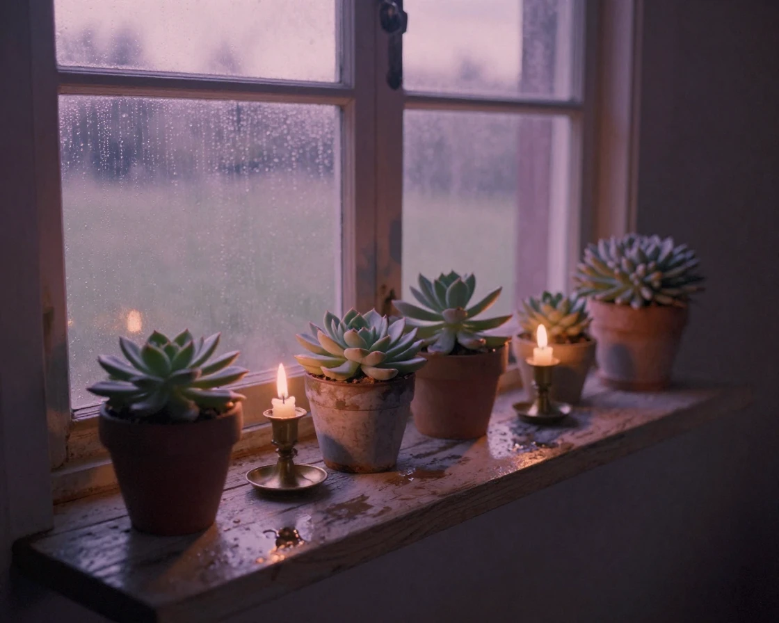 A row of potted succulents arranged on a rustic windowsill, under flickering candlelight, just after a rain shower, with puddles reflecting the sky, in the height of summer, in dusty lavender and rose tones, from a three-quarter angle.