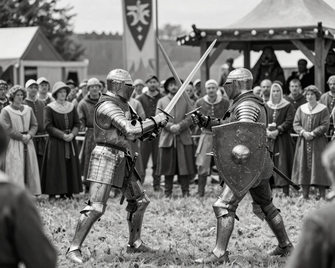 A medieval knight duels with sword and shield in a crowded tournament yard.