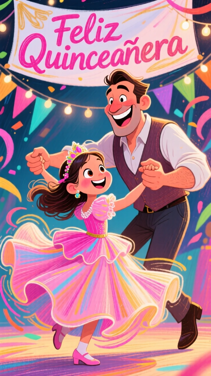 A father dancing with his daughter at her quinceañera, both twirling gracefully.