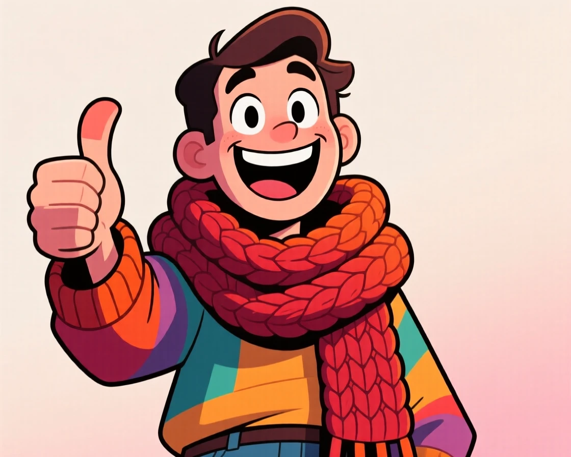 A charming portrait of a spirited musician, giving an exaggerated thumbs up, wrapped in a cozy oversized scarf.