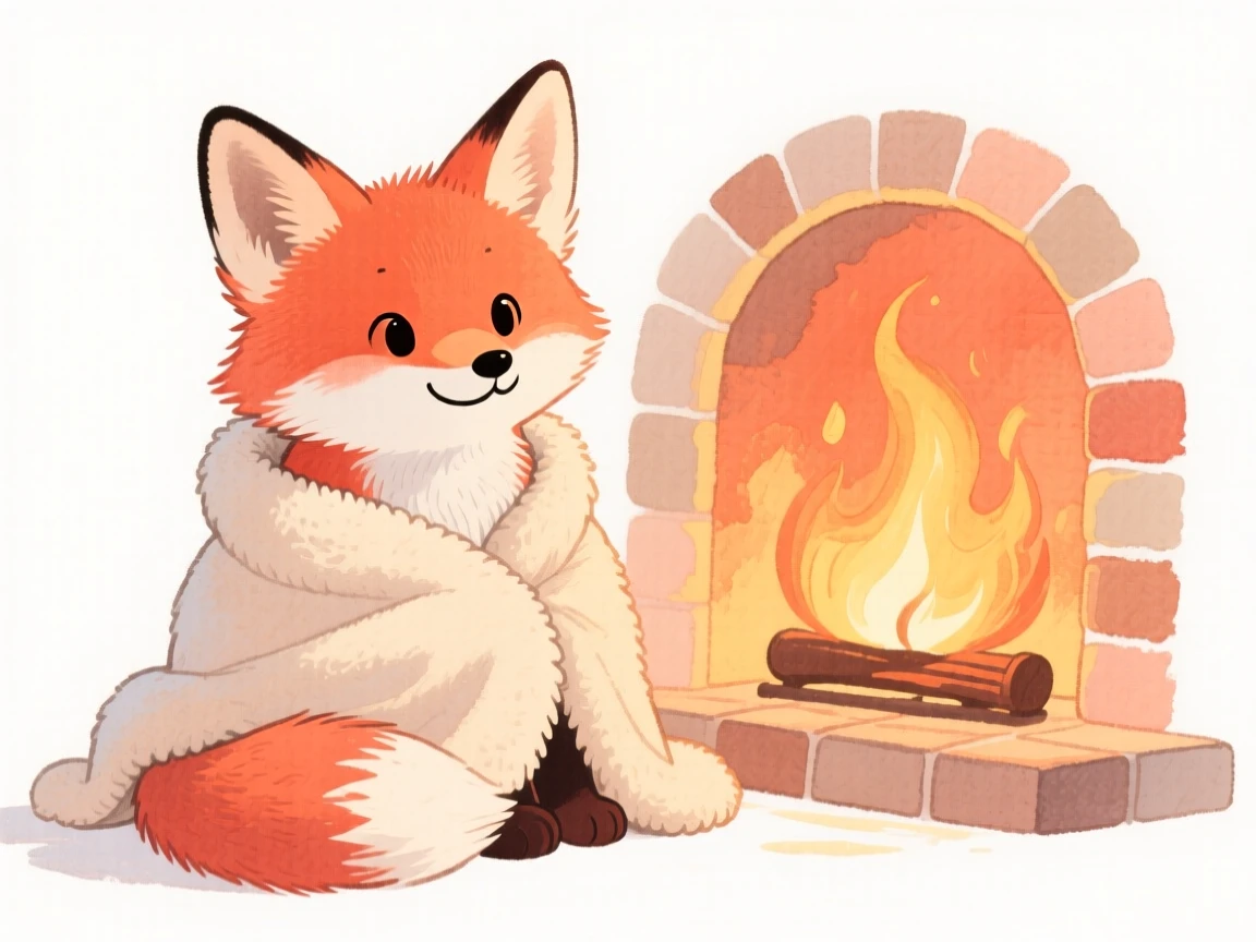 A fox kit wrapped in a soft blanket by a fireplace