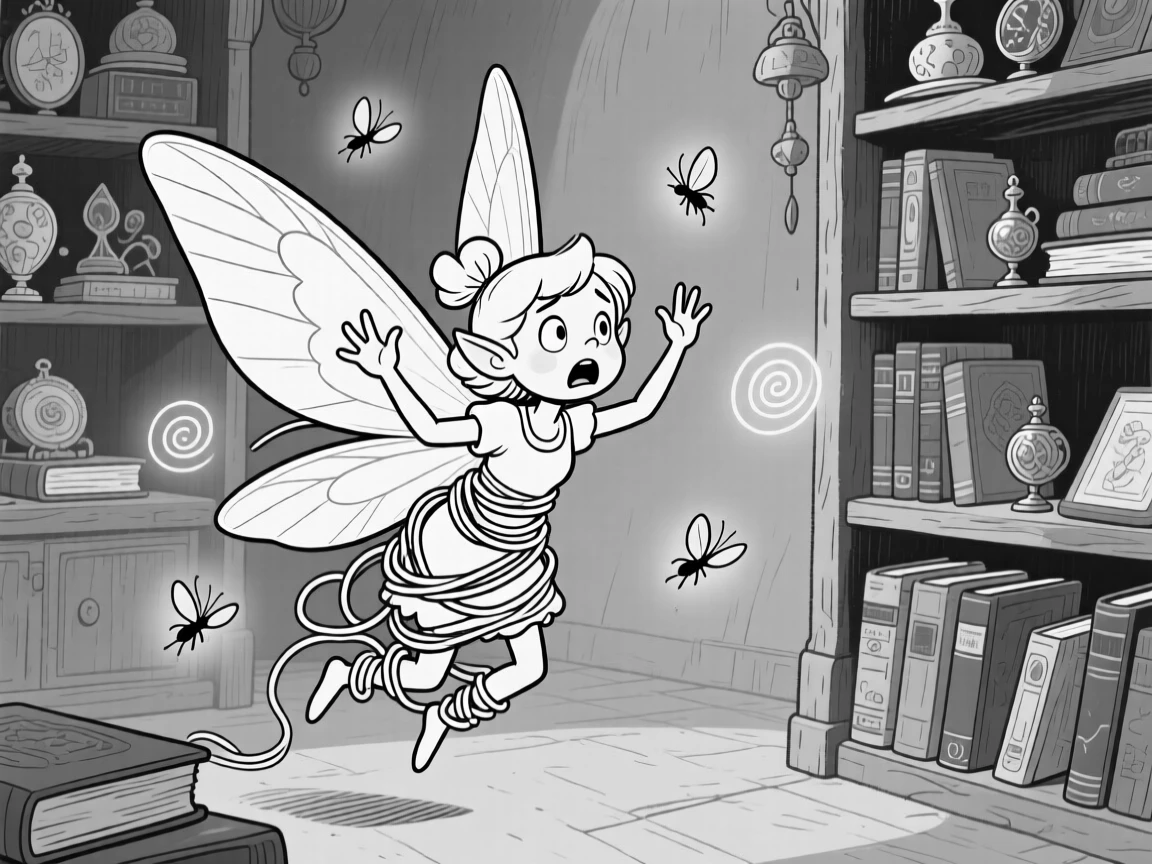 A tiny fairy tangled in her own oversized wings, waving tiny arms wildly to close a deal, set in a dim, dusty antique shop. Fireflies swirl in lazy spirals nearby. It feels like a page pulled from a beloved fairy tale.