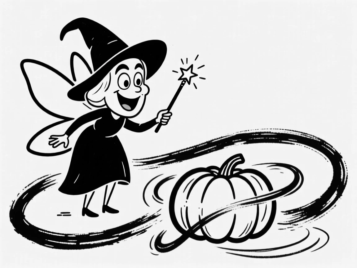 A fairy godmother waving a sparkling wand over a pumpkin that begins to transform.