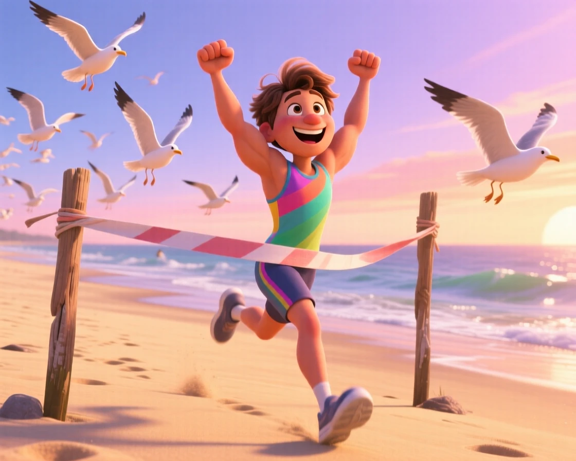 A runner crossing a finish line with arms raised unfolds on a quiet beach at sunrise, with birds scattering into the sky nearby. Pure joy and warmth radiate from the scene.