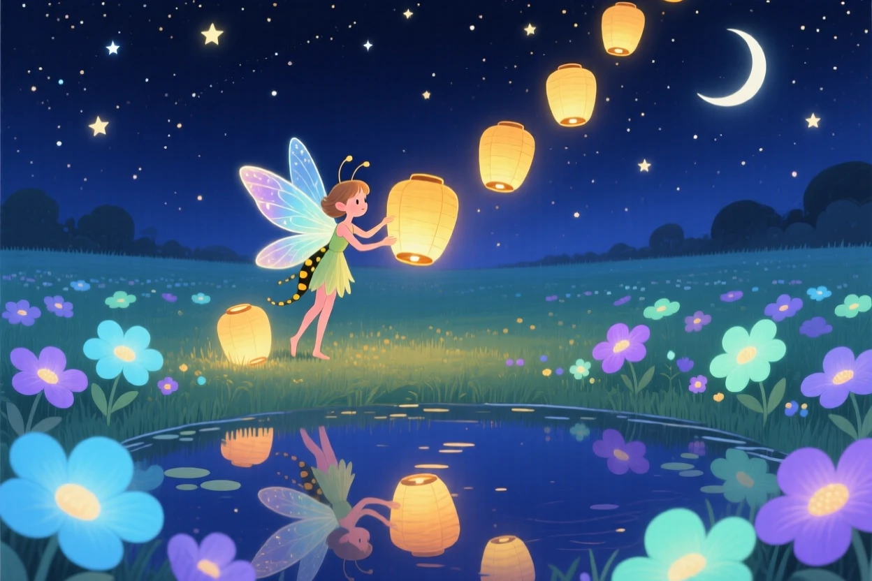 A firefly fairy is lighting lanterns that float into the night sky in a field of luminous flowers, as reflections shimmer on the still water.