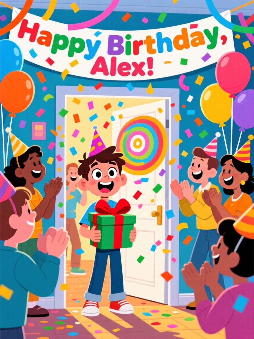 A confetti-filled surprise party as a birthday guest walks in.