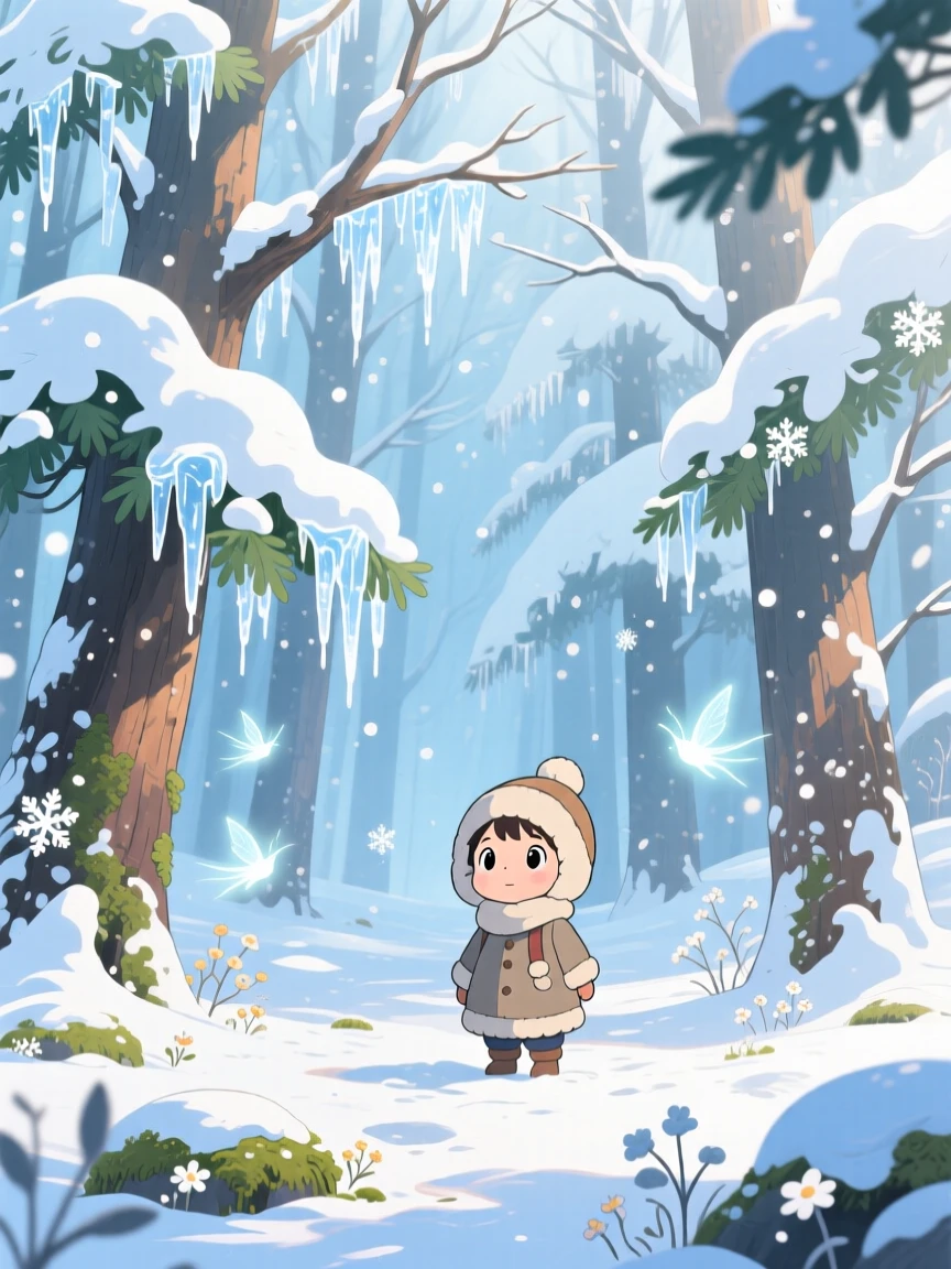 A winter scene of a snowy forest with icicles glittering on every branch, with soft light filtering through the atmosphere.