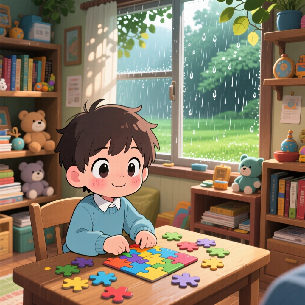In a cluttered cozy den, a young boy is assembling a puzzle on a rainy afternoon as morning dew glistens on the grass, bathed in dappled sunlight through a canopy, expression full of brave confidence. Shot as a waist-up portrait.