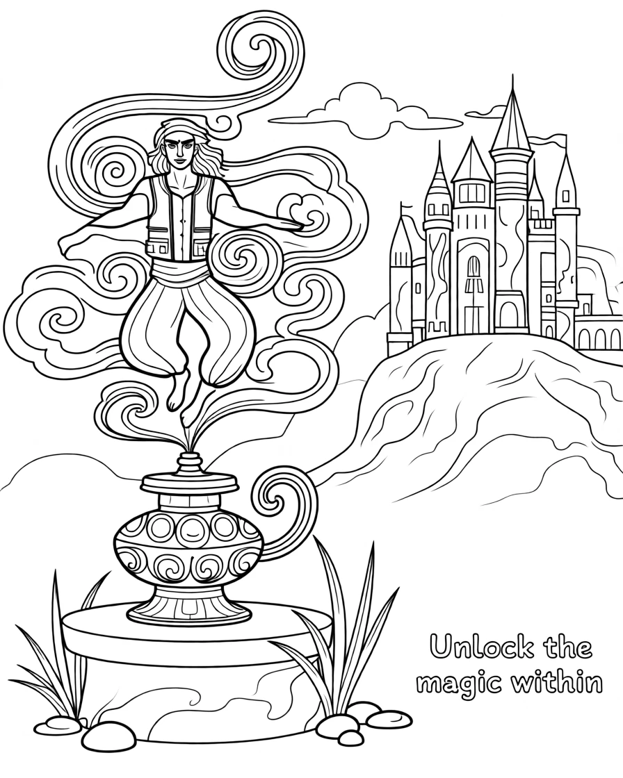 A genie emerging from an ornate lamp in swirling smoke, with an ancient castle rising in the misty distance.