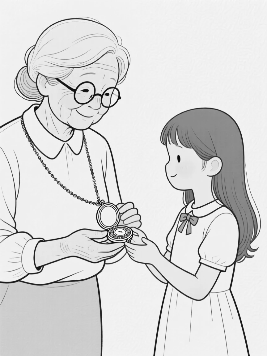 A grandmother passing down a family heirloom to her granddaughter