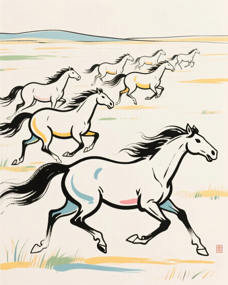 A herd of prehistoric horses galloping across an open plain.