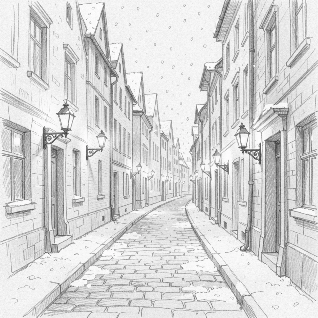 Sweeping architectural view of a narrow cobblestone street lined with old townhouses, in gentle falling snow, with lanterns glowing along the pathway.