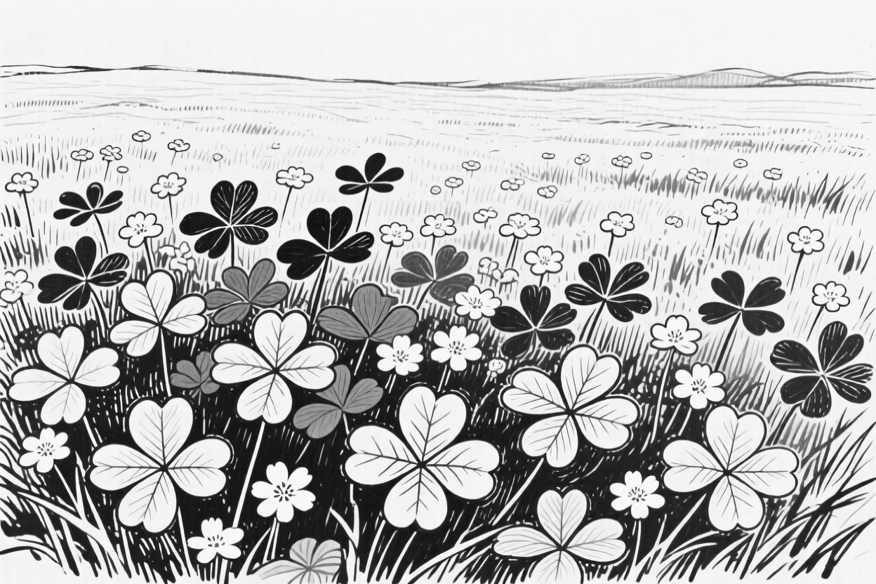 A field of blooming clover dotted with small white flowers.
