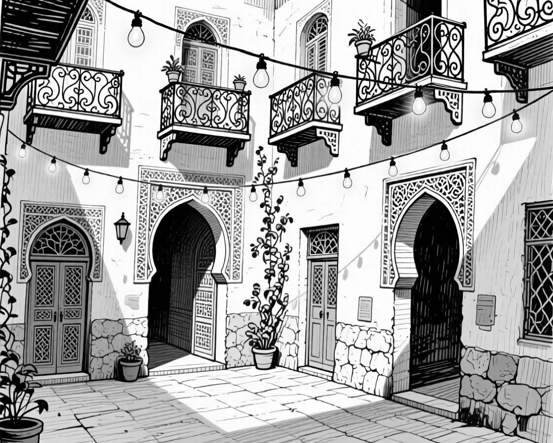 A moroccan courtyard with arched doorways beneath strings of hanging lights, featuring wrought-iron balconies overhead, rendered in a quietly charming architectural composition.
