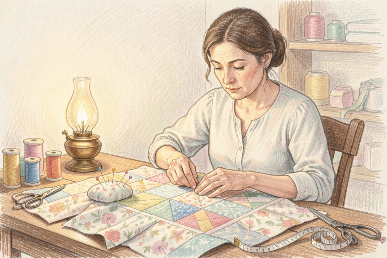 A seamstress stitching a quilt by lamplight, surrounded by tools and materials that tell their own story, celebrating the quiet joy of craftsmanship and passion.