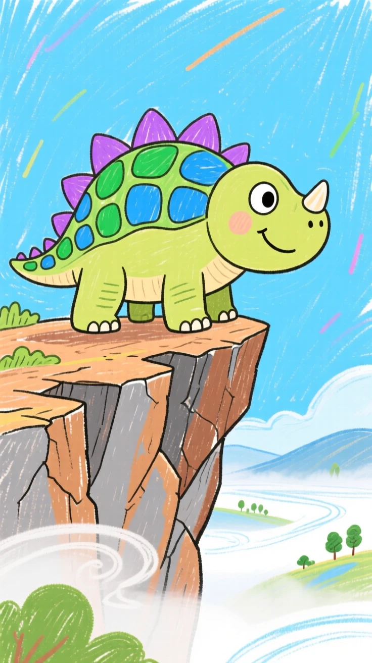 A gentle giant ankylosaurus on a rocky cliff overlooking a misty valley.