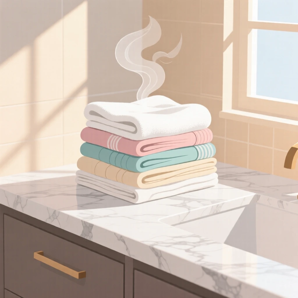 A stack of fresh laundry folded neatly in warm sunlight, arranged on a marble countertop with clean lines, captured from a comfortable eye-level perspective, with subtle steam rising to add a warm, lived-in feel.