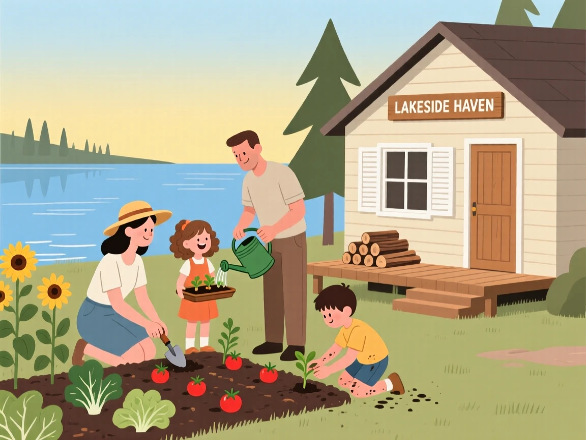 A family gardening together at a lakeside cabin.